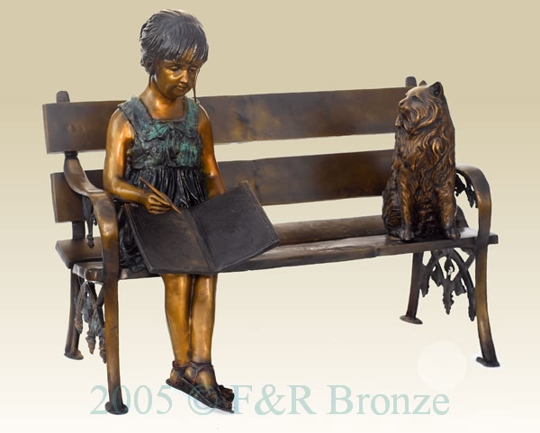Girl with Cat on Bench bronze