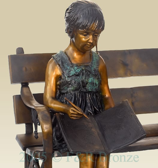 Girl with Cat on Bench bronze sculpture