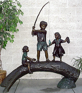 Thre Kids on Log Fishing bronze