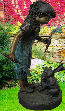 Girl Feeding Rabbit Bronze Statue