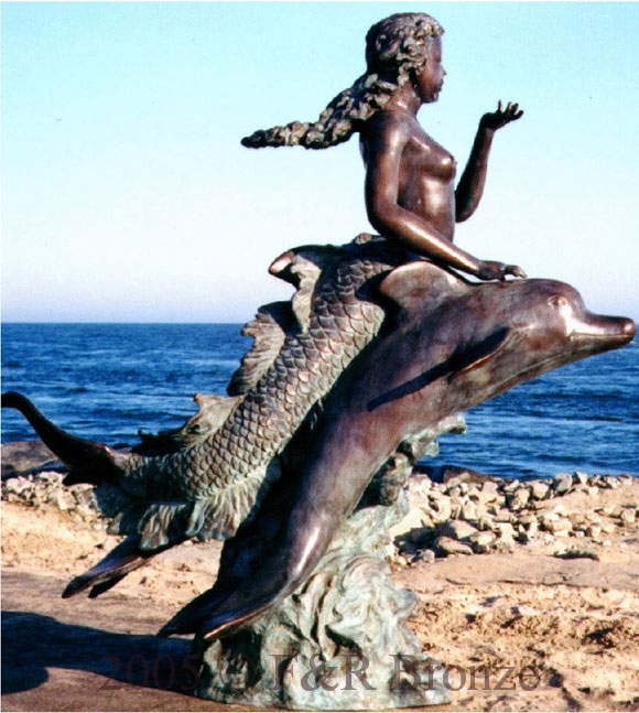Mermaid riding Two Dolphins bronze fountain