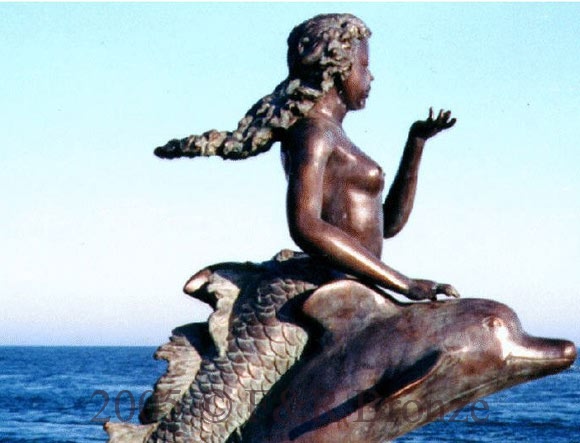 Mermaid Riding Two Dolphins bronze 