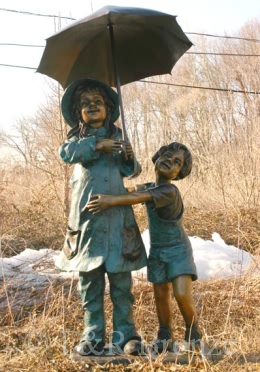 Girl & Boy holding Umbrella bronze sculpture