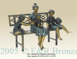 Mother and Children On Bench bronze statue