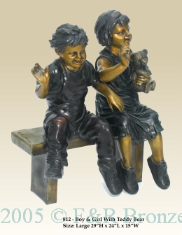 Boy and Girl with Teddy Bear Brone Statue