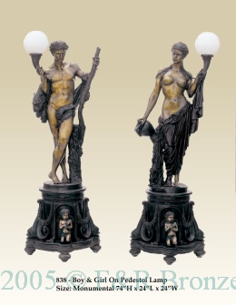 Bronze Boy and Girl on Pedestal Lamp