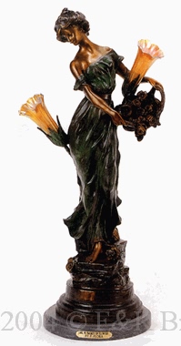Girl with Basket of Flowers bronze lamp by F. Flora