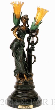 Harp Girl  Bronze statue lamp by Moreau