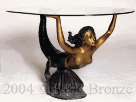 Large Bronze Mermaid Hands Up Table with Glass