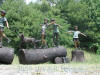 Four Kids on Logs with a dog bronze sculpture