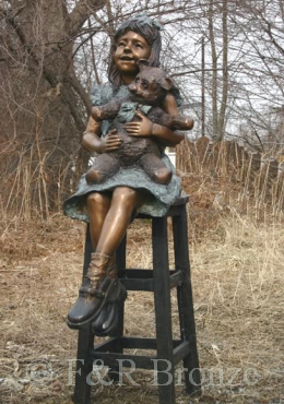 Girl with Teddy Bear bronze statue